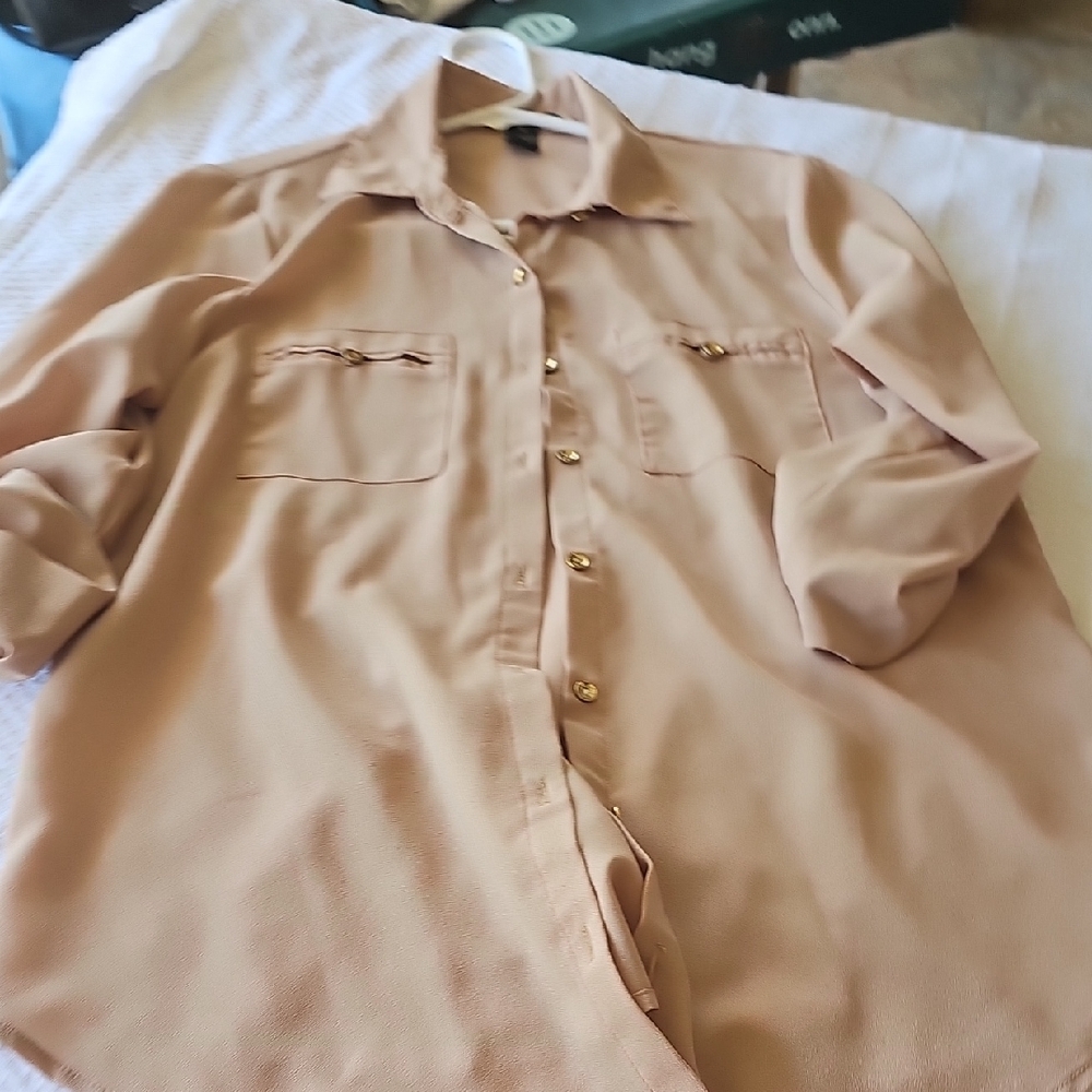 Finesse Tan Button Down Shirt Lightweight Top